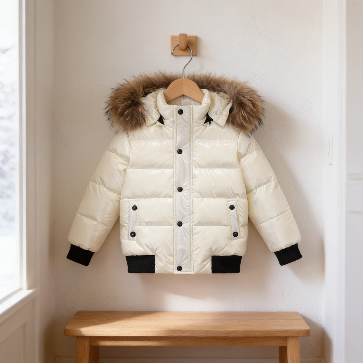 Off-White glossy kids hooded puffer jacket hanging on a wooden hanger in the same bright entryway