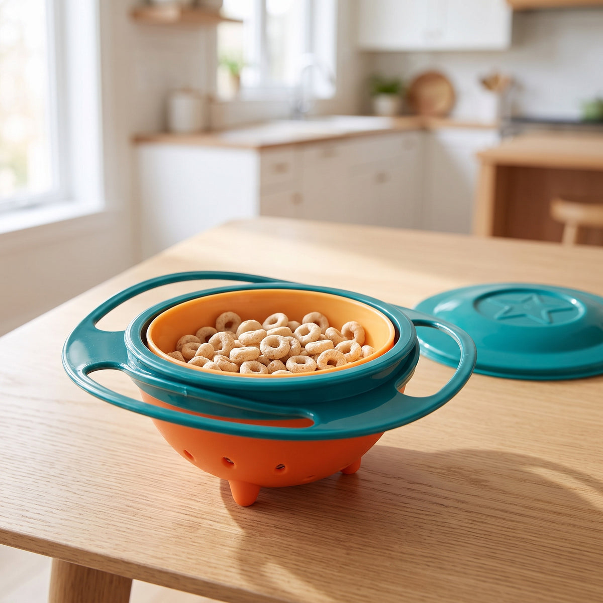 Gyro snack bowl and its separate lid on a kitchen table