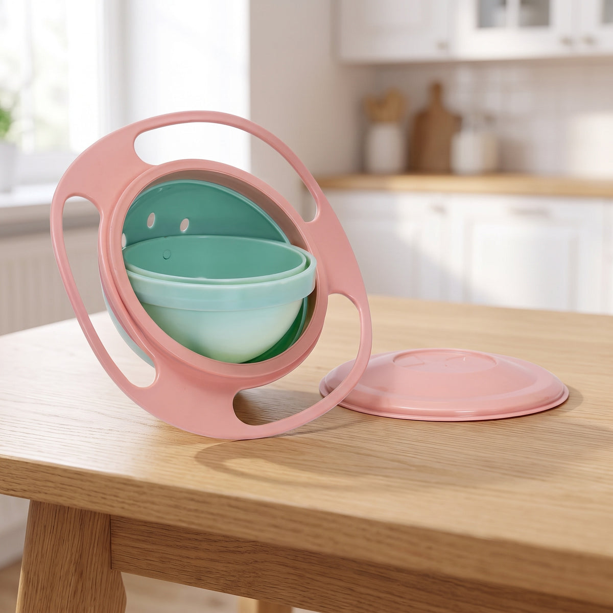 Pink gyro snack bowl with mint inner bowl and pink lid on a kitchen table