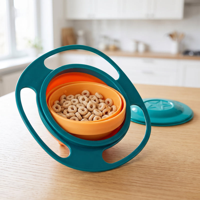 Teal and orange spill-proof gyro snack bowl filled with oat cereal rings on a light oak kitchen table, lid beside it