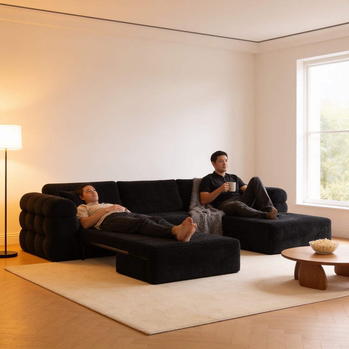 Two adults lounging on the black corduroy boneless couch on a cozy evening.