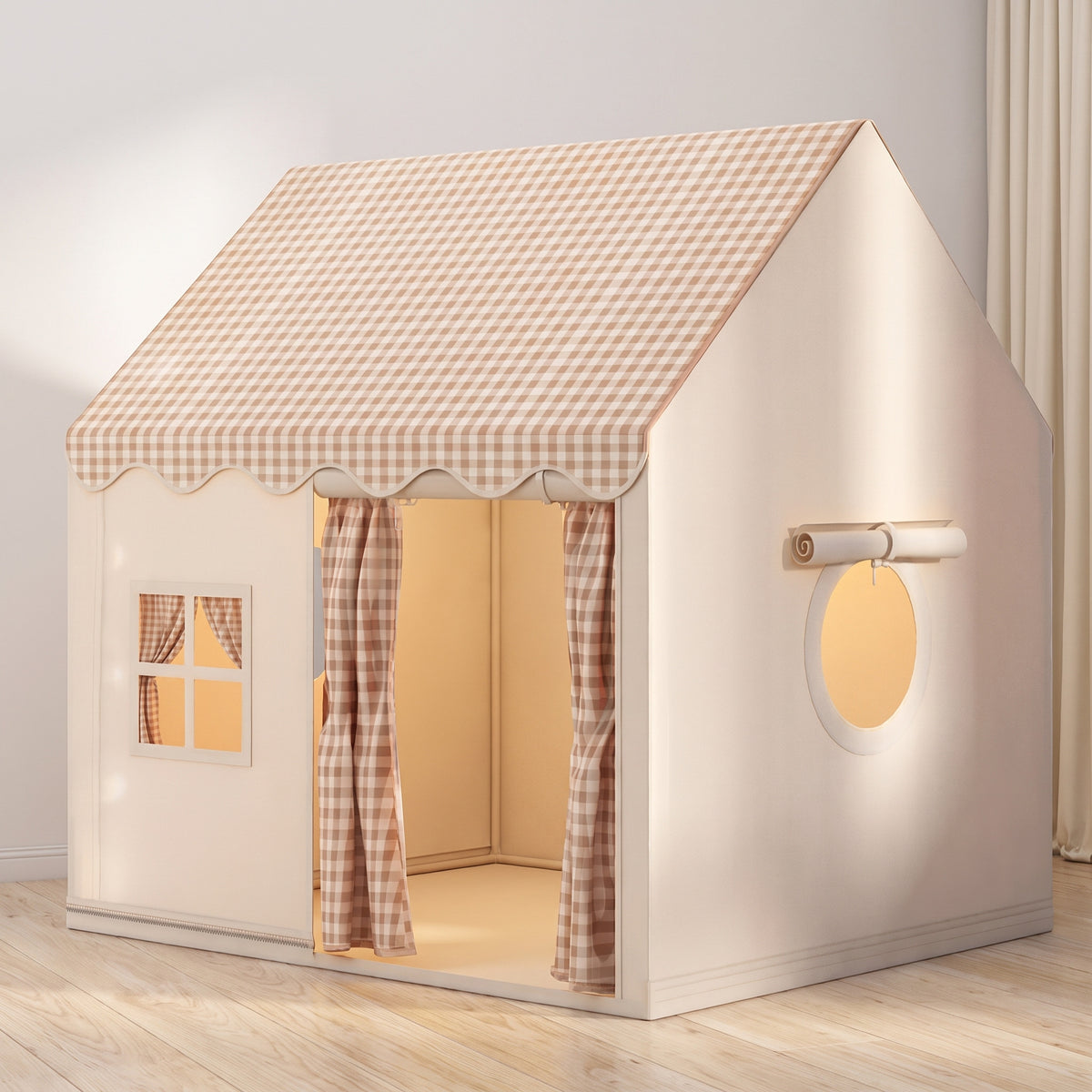 Kids play tent with a beige gingham check roof, scalloped valance and oval side window in a bedroom corner