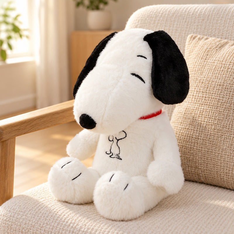 White puppy plush with black ears and red collar seated on a linen reading chair