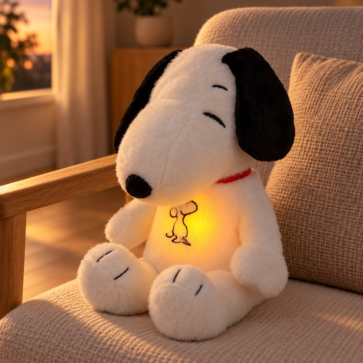 White puppy plush with a warm glowing belly on a linen chair in an evening living room