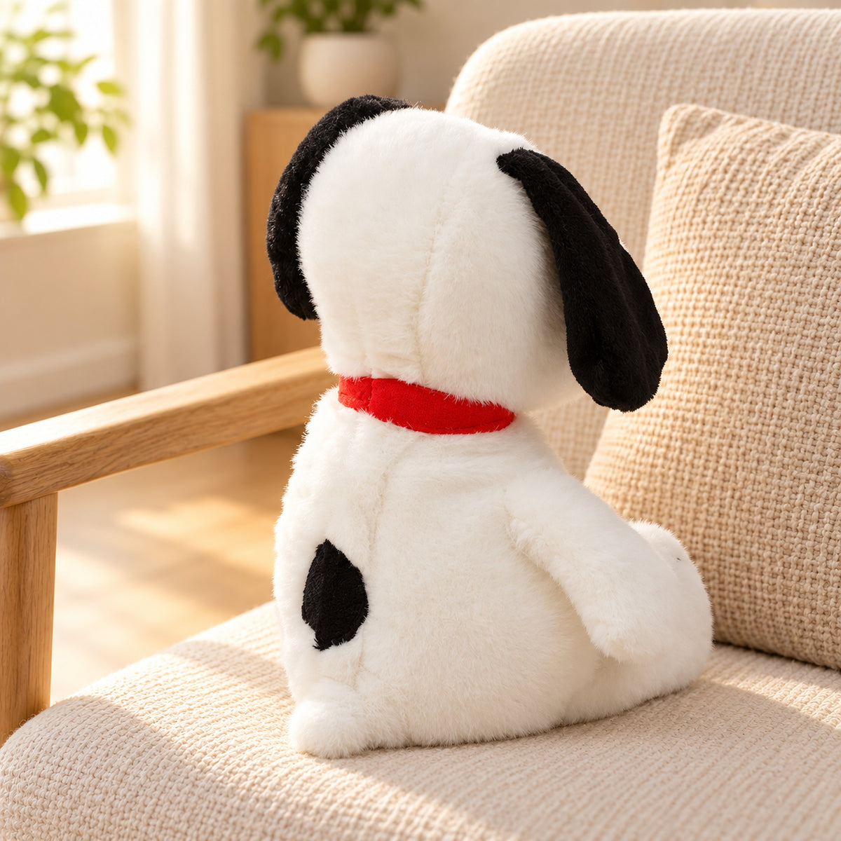 Rear of white puppy plush showing black back patch red collar and floppy ears on a linen chair