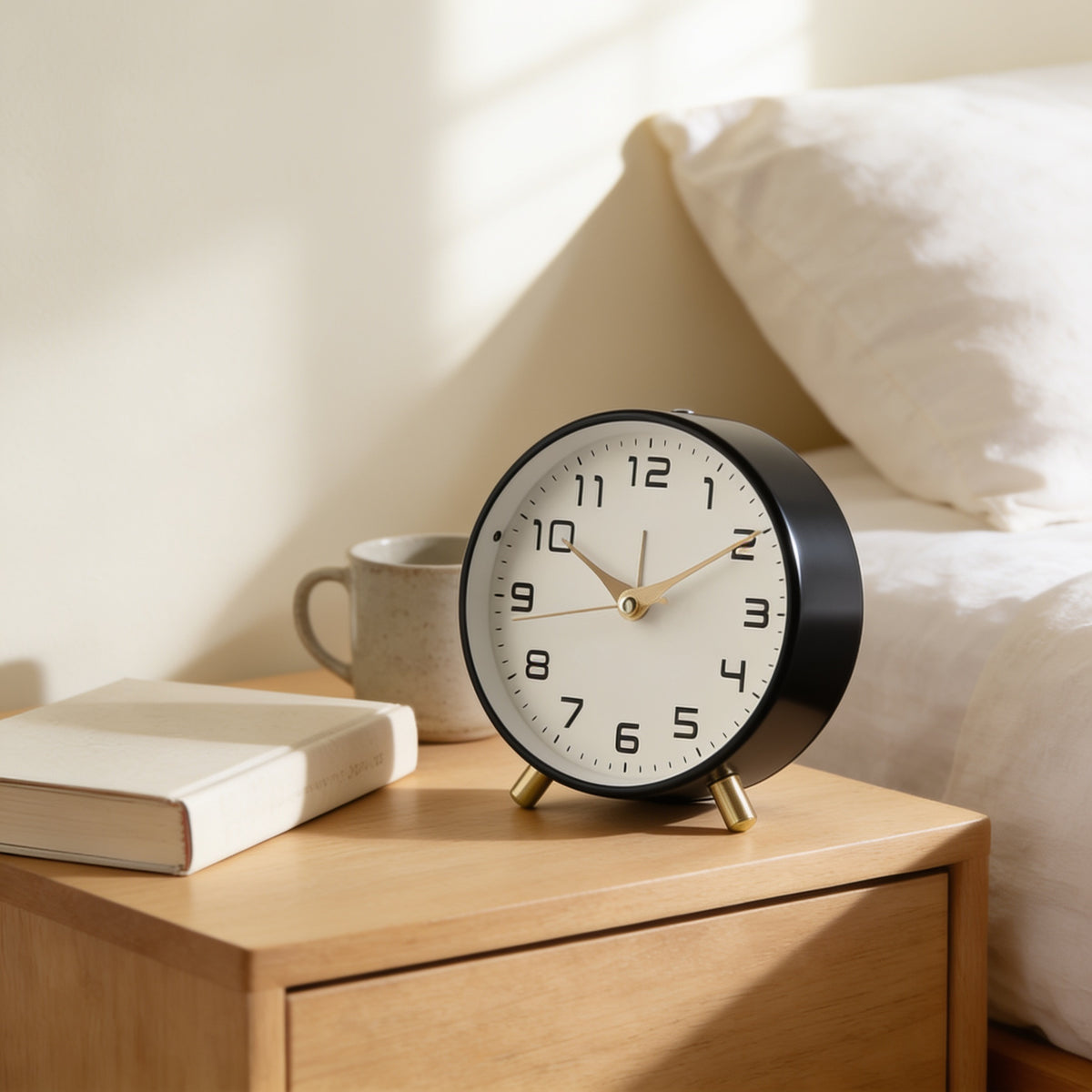 Black silent analog alarm clock on a bedside table in a cream bedroom