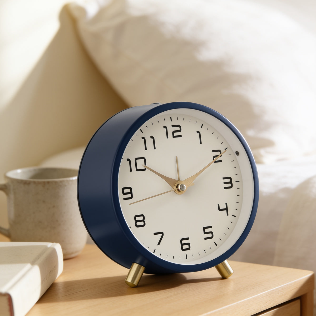 Denim blue silent analog alarm clock on a bedside table in a cream bedroom