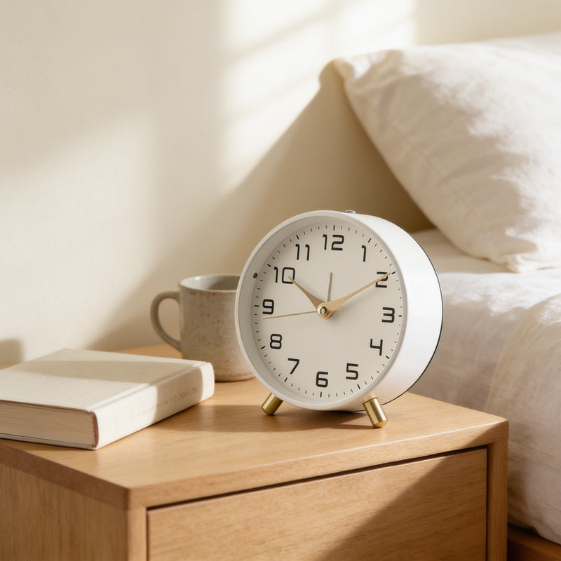 White silent analog alarm clock on a bedside table in a cream bedroom