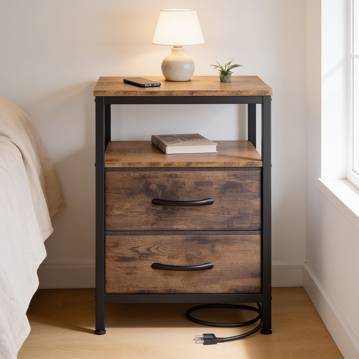 Rustic brown nightstand with black frame and wood-look fabric drawers beside a bed.