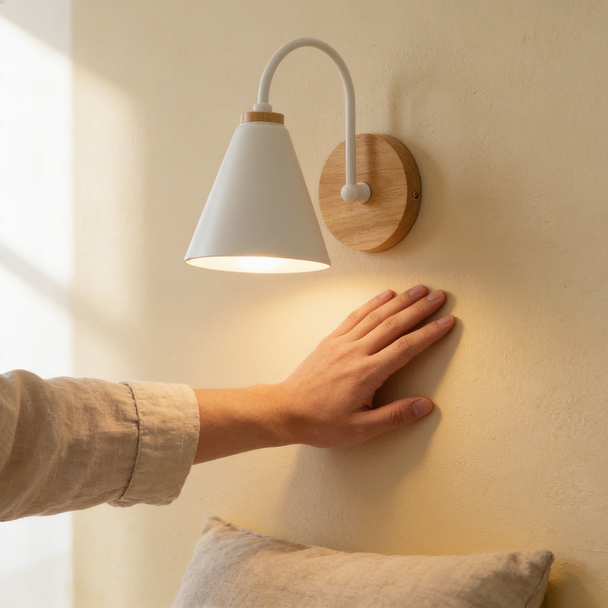 White cone wall sconce on a cream wall next to a hand for scale — Nordic Wood & Metal Cone Wall Sconce