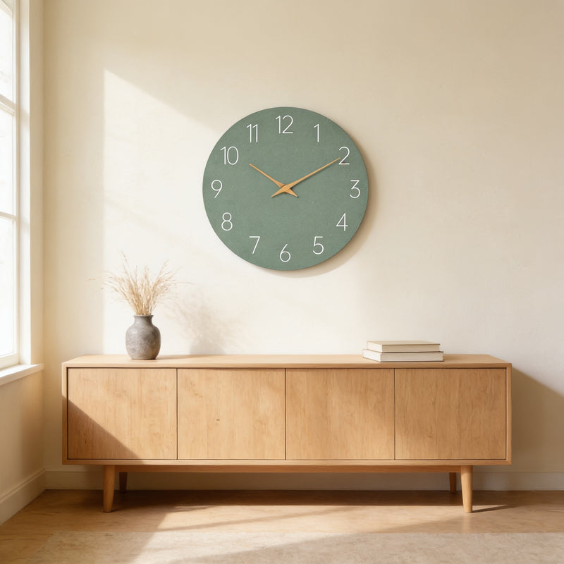 Sage green frameless wall clock above an oak sideboard in a sunlit living room