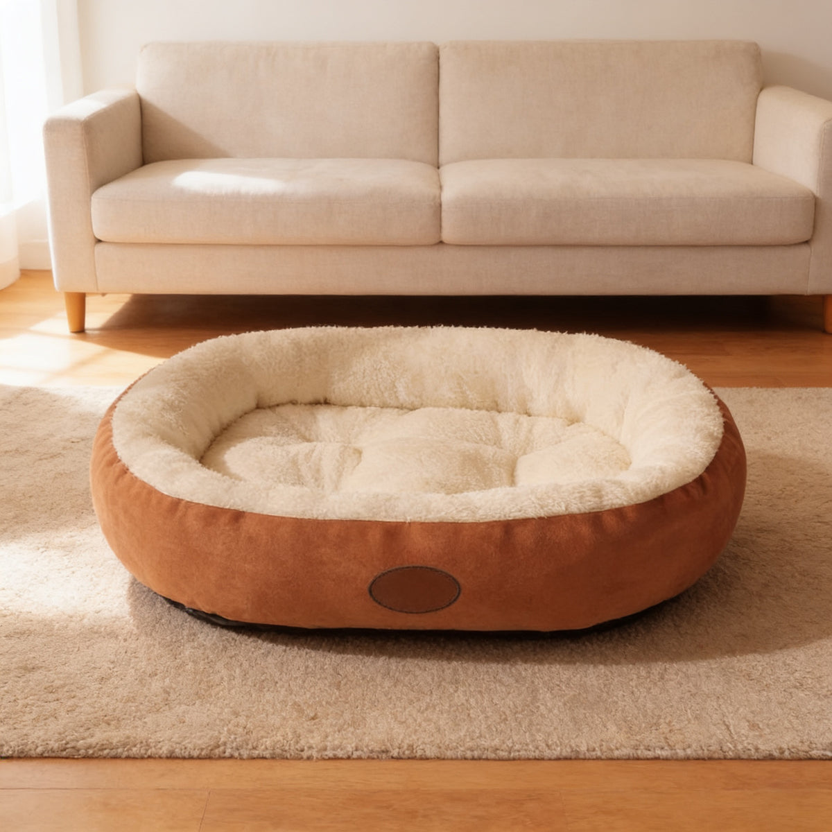 Brown oval plush cat and dog bed with a cream plush rim on an oatmeal rug in front of a linen sofa