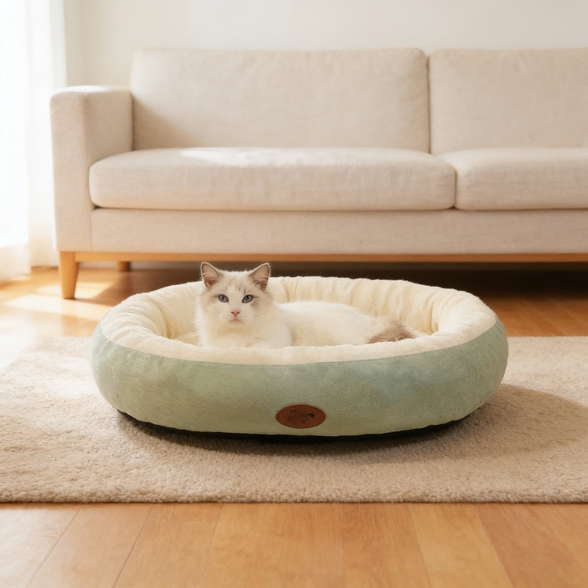 Green oval plush cat and dog bed with a white cat resting inside, on an oatmeal rug in front of a linen sofa