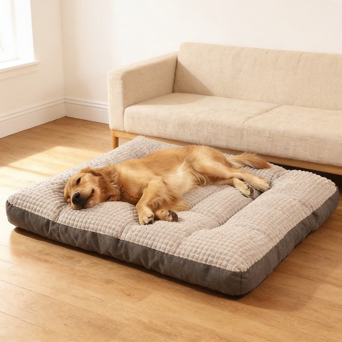 Golden retriever asleep on the Gray padded washable dog bed mat in a warm living room