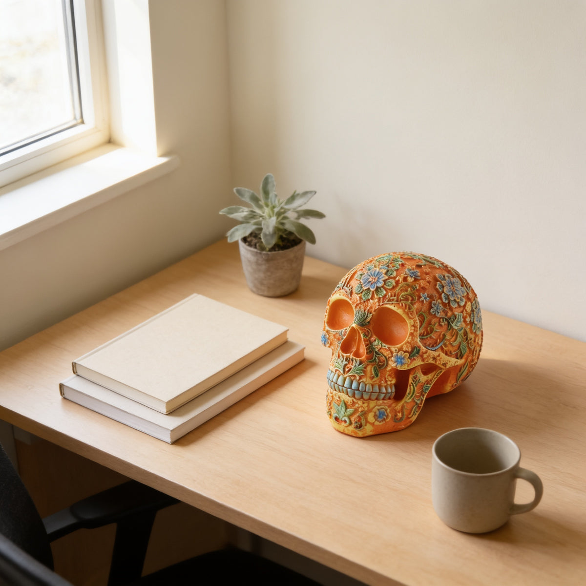 Orange floral sugar skull figurine on a desk beside books and a mug