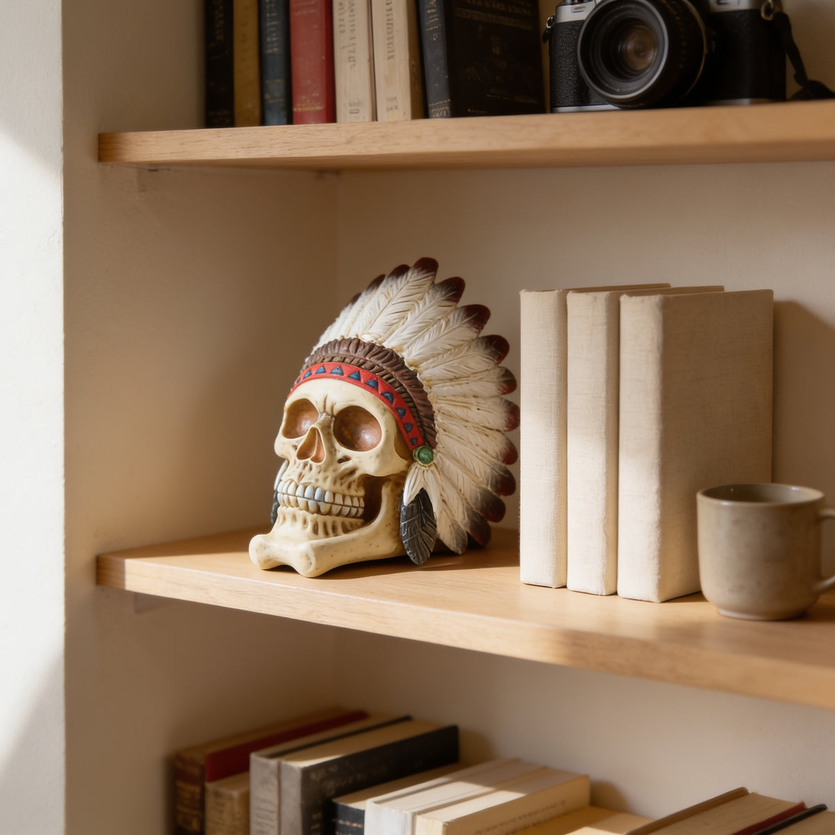 Feather headdress skull figurine on an oak bookshelf