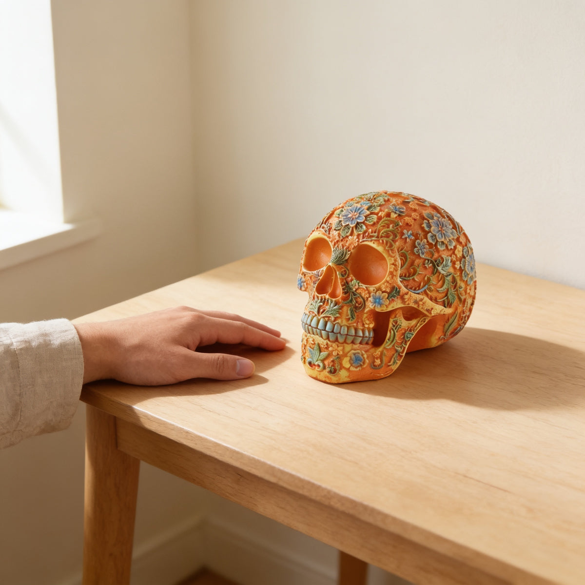 Hand beside the orange floral sugar skull figurine showing its size