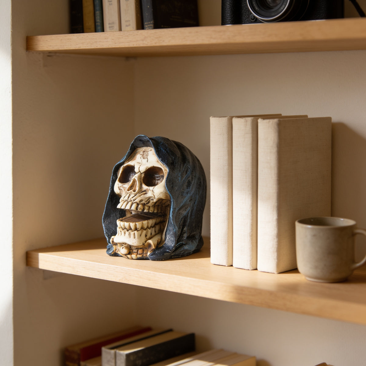 Hooded reaper skull figurine on an oak bookshelf