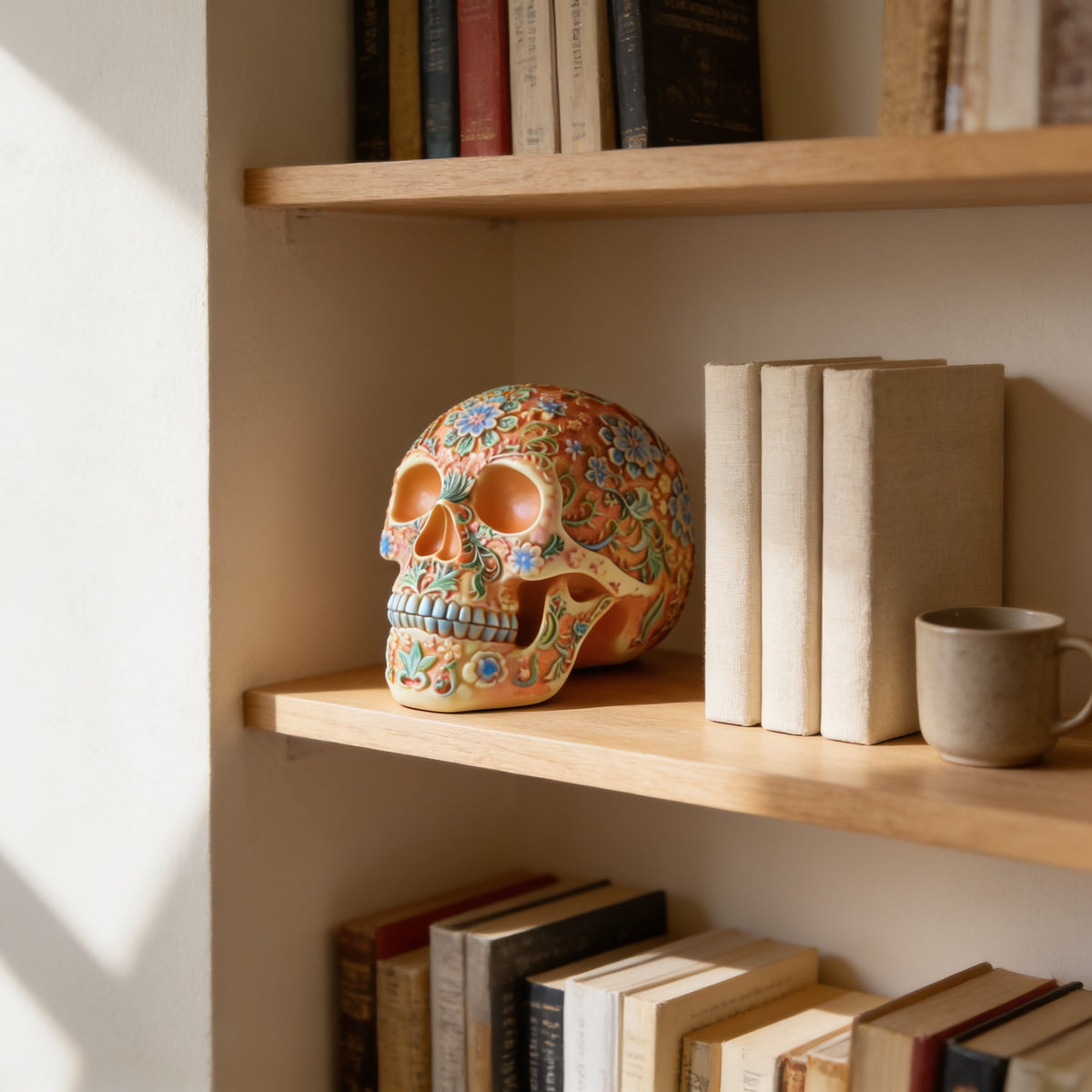 Orange floral sugar skull figurine on an oak bookshelf beside books and a cup