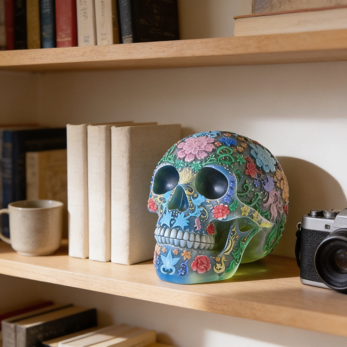 Multicolour sugar skull figurine on an oak bookshelf