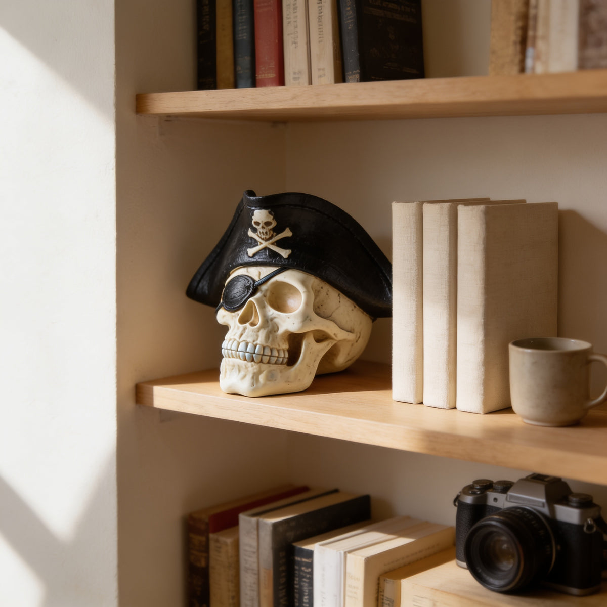 Pirate skull figurine on an oak bookshelf