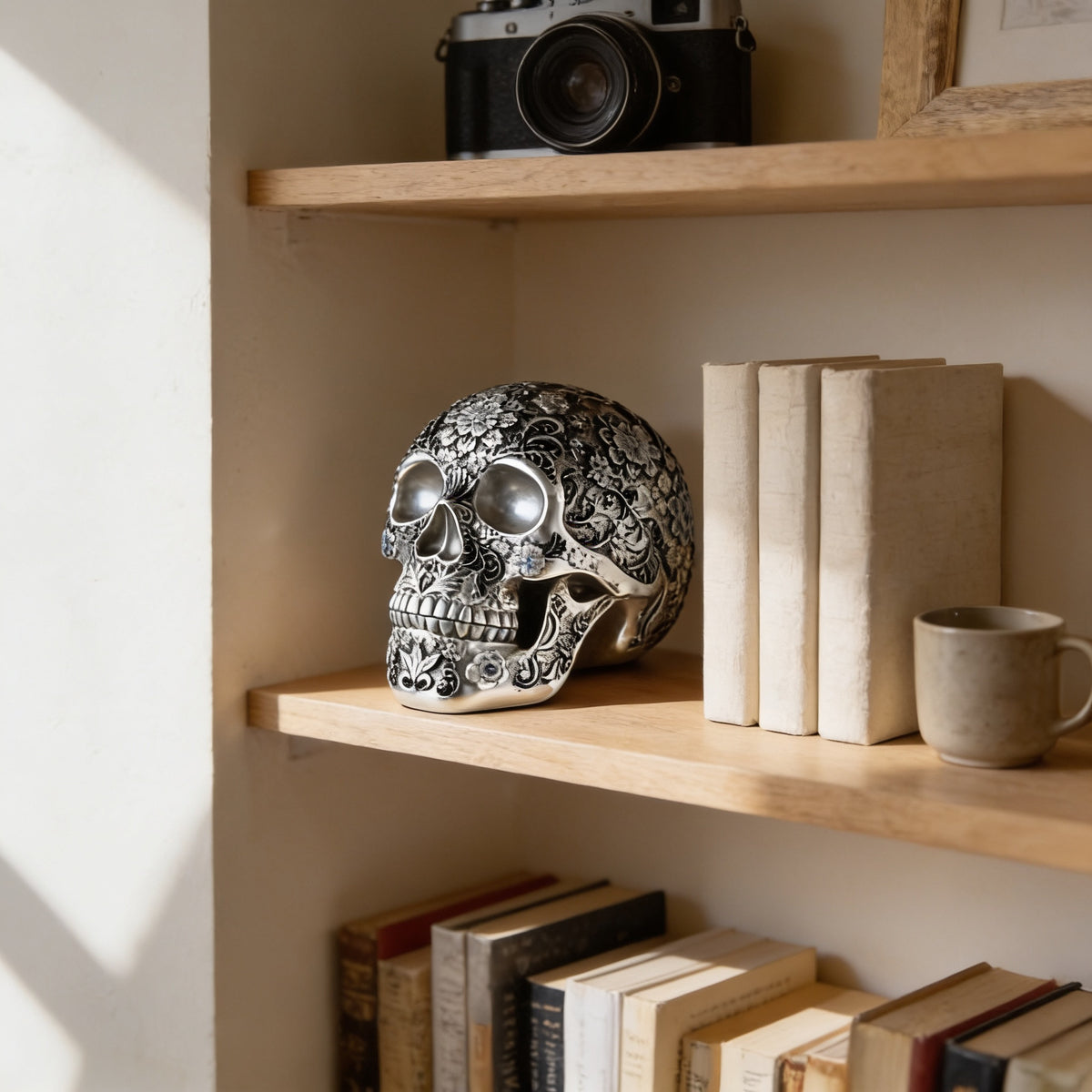Silver floral sugar skull figurine on an oak bookshelf
