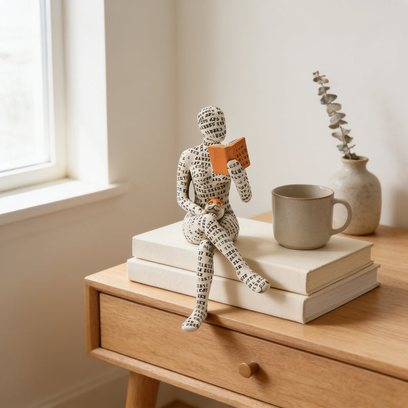 Paper-pulp reading figurine, seated with orange book, on stacked books on an oak console — Paper-Pulp Reading Figurine