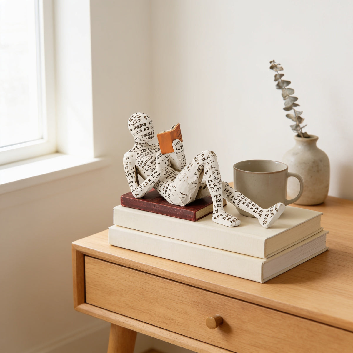 Reclining paper-pulp reading figurine with red book on stacked books — Paper-Pulp Reading Figurine