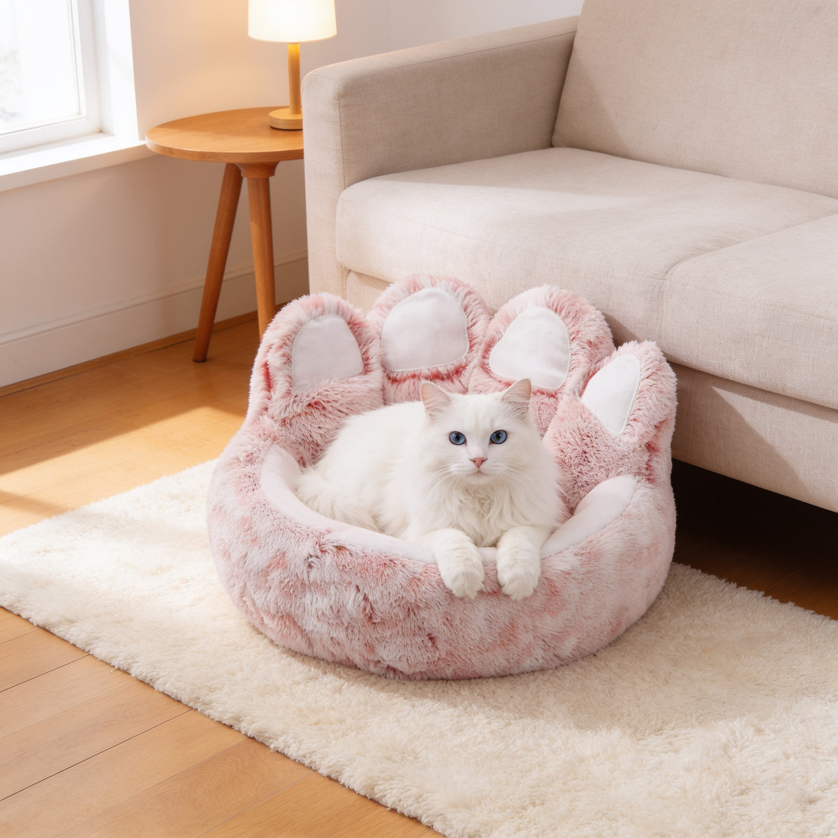 Fluffy white cat resting in the pink paw-shaped plush pet bed with its front paws over the rim