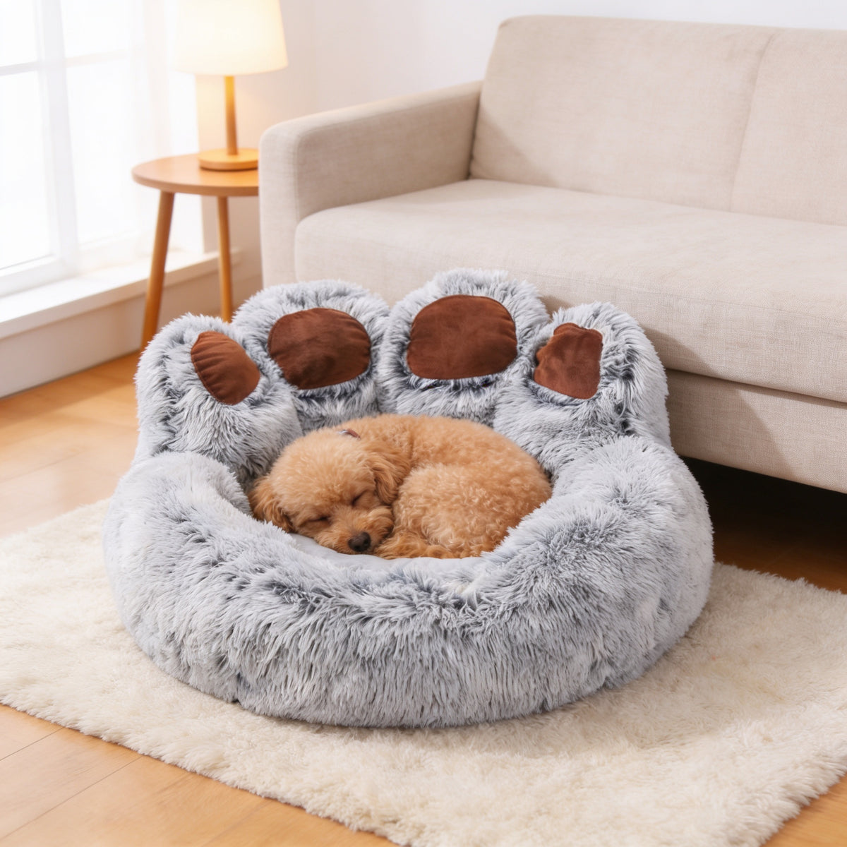 Apricot toy poodle curled up asleep in the gray paw-shaped plush pet bed beside a linen sofa