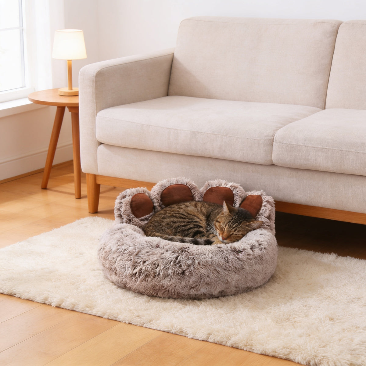 Tabby cat curled up asleep in the brown paw-shaped plush pet bed in a cosy living room