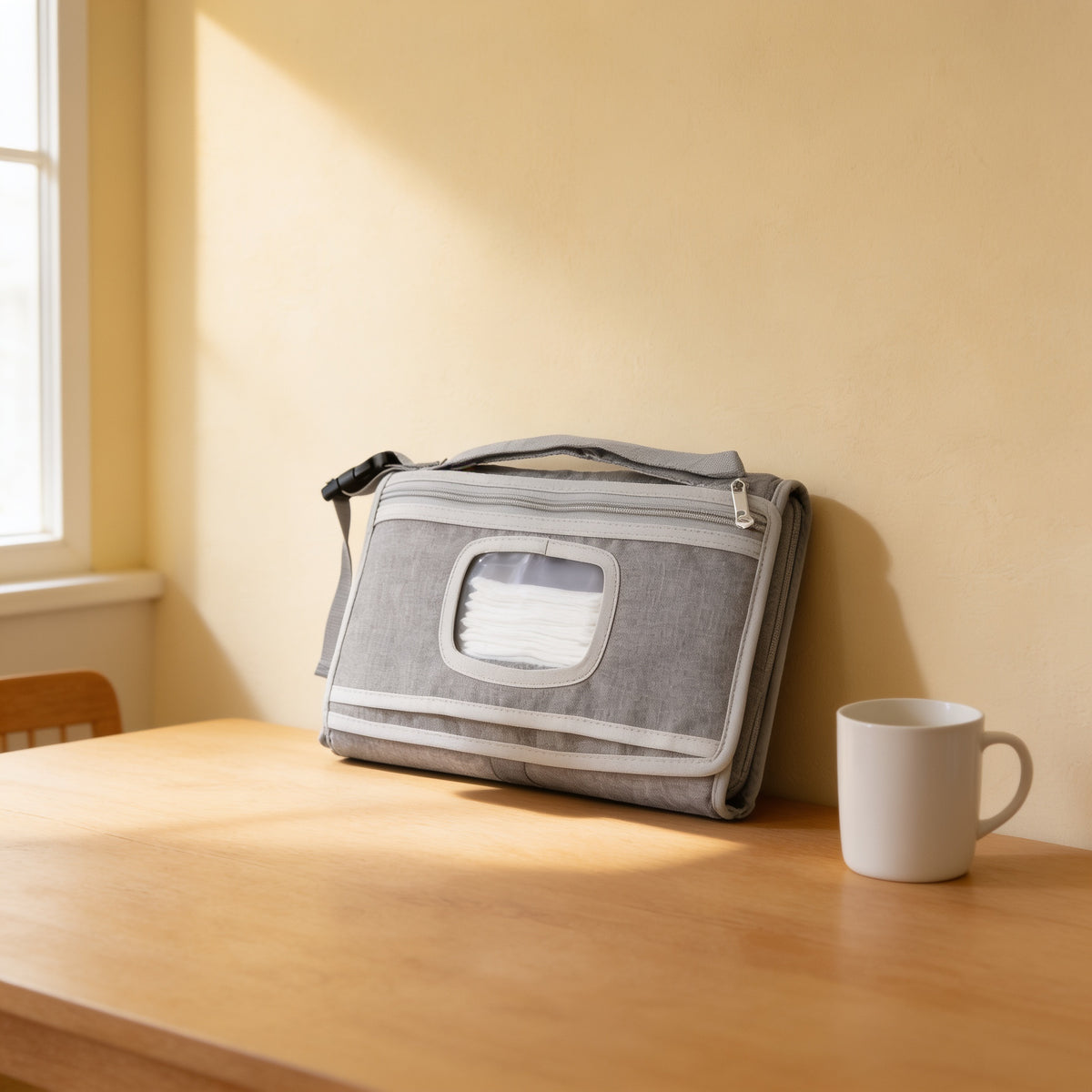 Grey diaper changing pad folded into a flat clutch with carry handle, buckle strap and clear wipes window, leaning against a cream wall on a light oak table beside a white mug