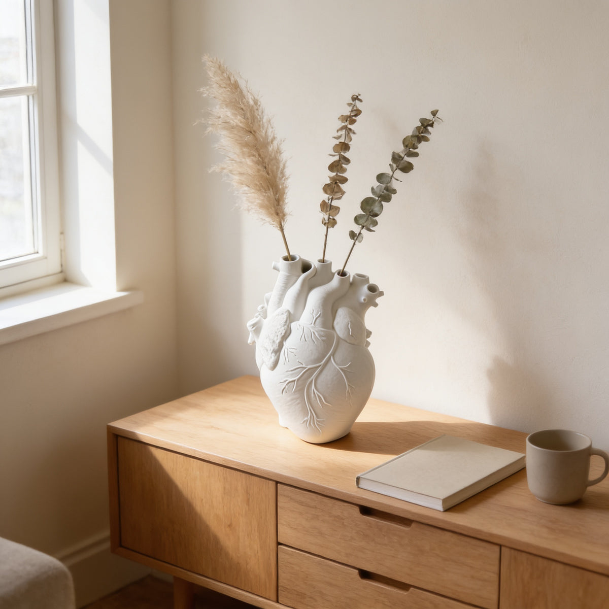 White resin anatomical heart vase with dried stems on an oak console — Resin Anatomical Heart Vase