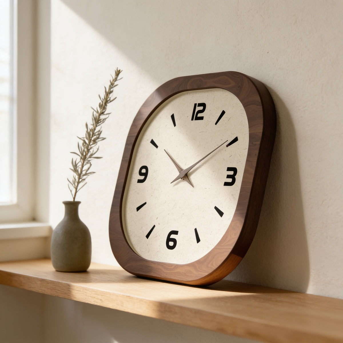 Rounded square wood wall clock leaning on an oak shelf showing its slim edge — Rounded Square Wood Wall Clock