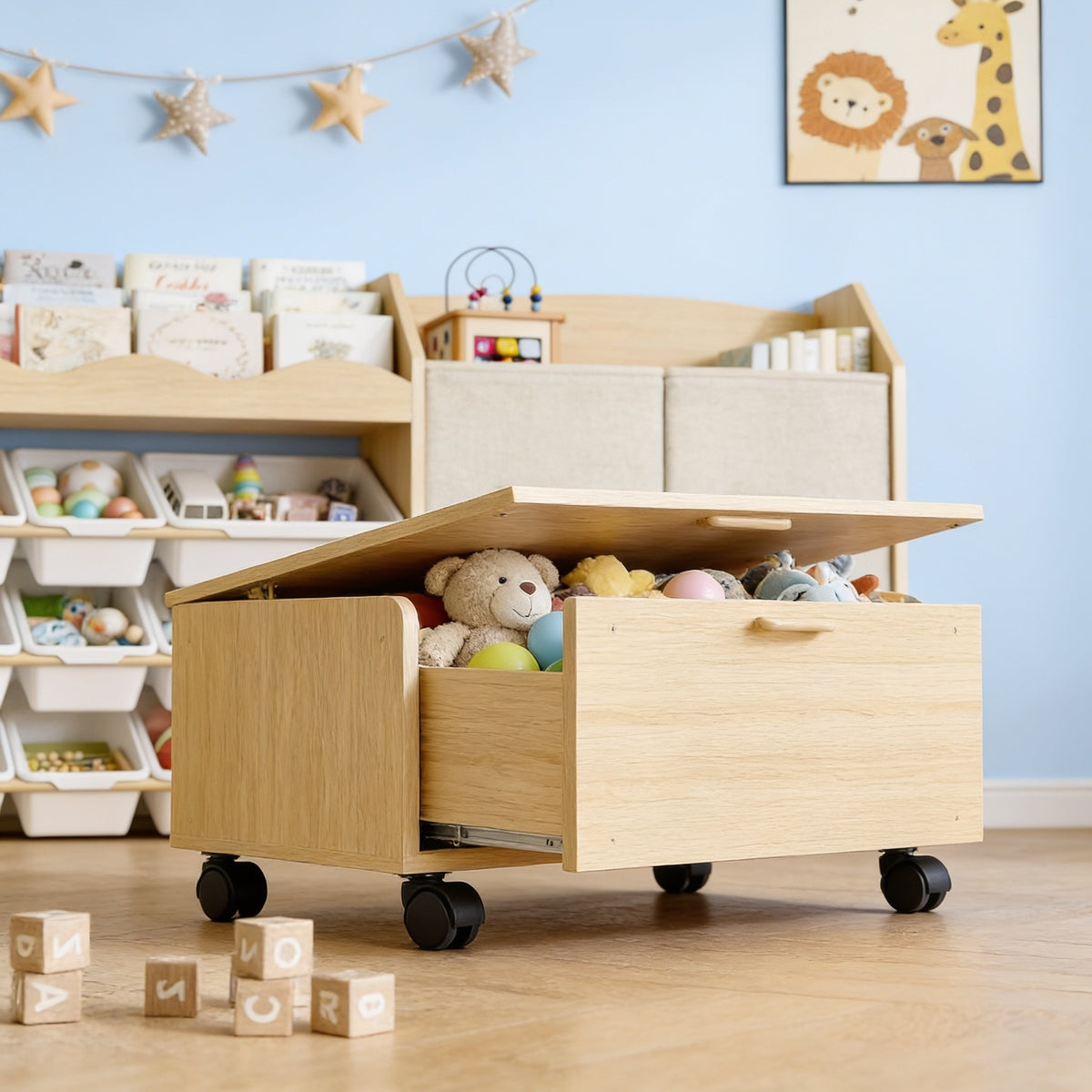 Rolling toy chest pulled out on four swivel casters, filled with plush toys.