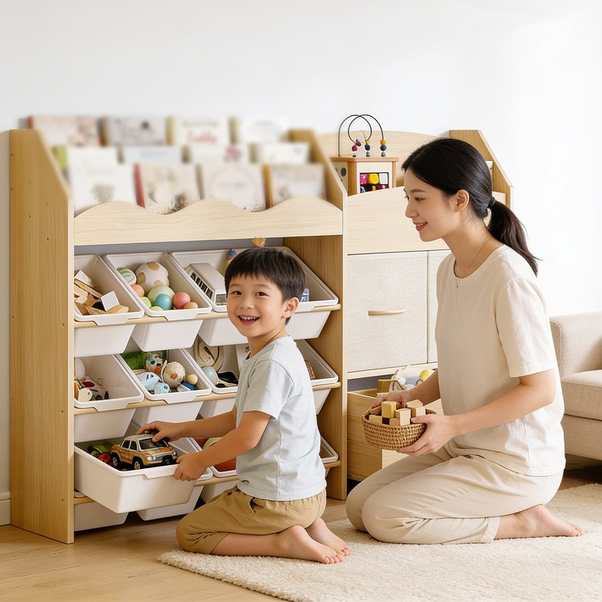 Child lifting a toy car from a bin of the toy storage organizer while his mother kneels beside him.