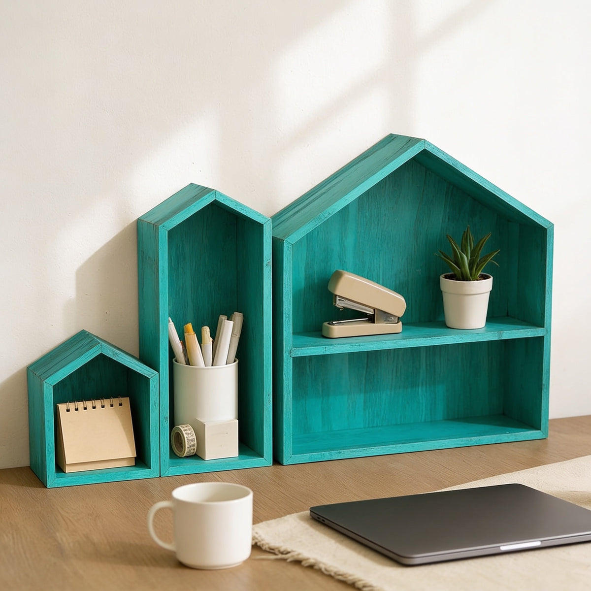 Set of three teal-blue house-shaped desk shelves on a home-office desk, 49 cm wide.