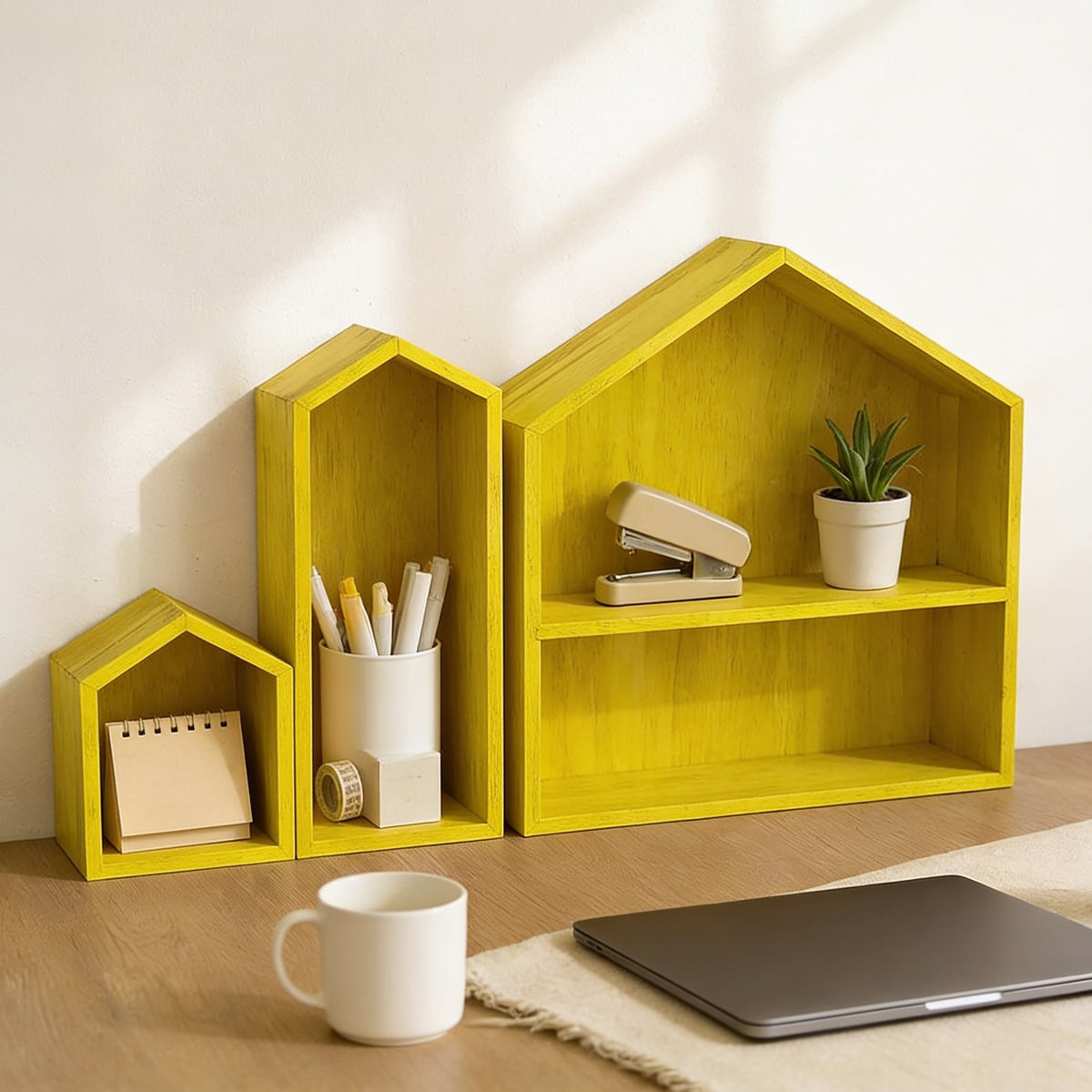Set of three yellow house-shaped desk shelves on a home-office desk, 49 cm wide.