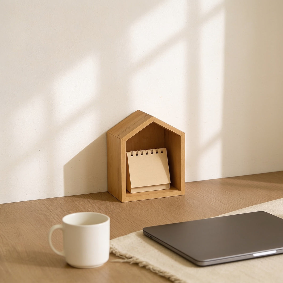 Small natural wood house-shaped desk shelf on a home-office desk.