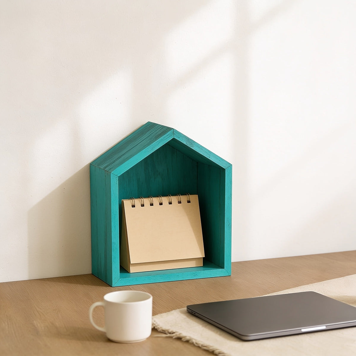 Small teal-blue house-shaped desk shelf on a home-office desk.