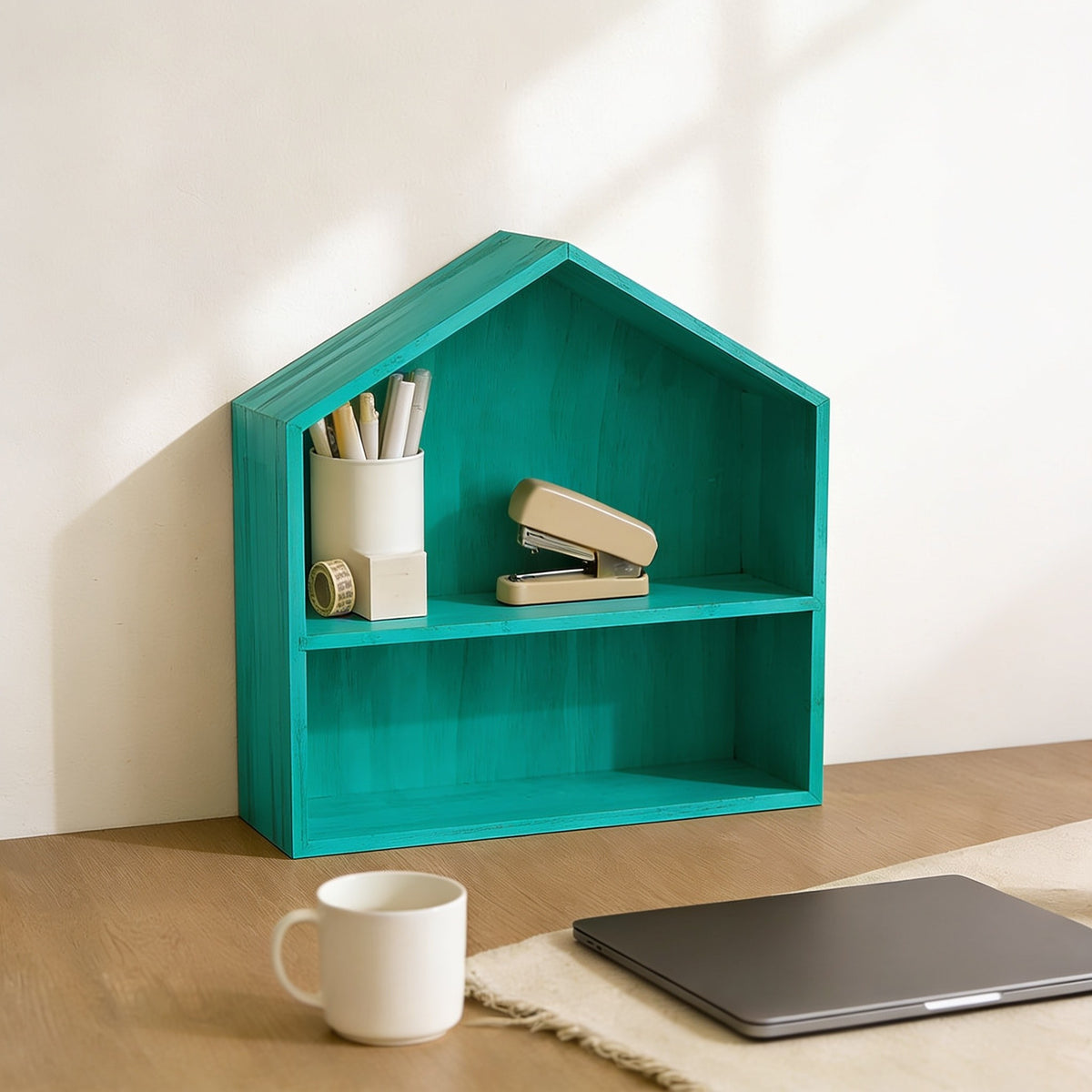 Large teal-blue house-shaped desk shelf on a home-office desk.