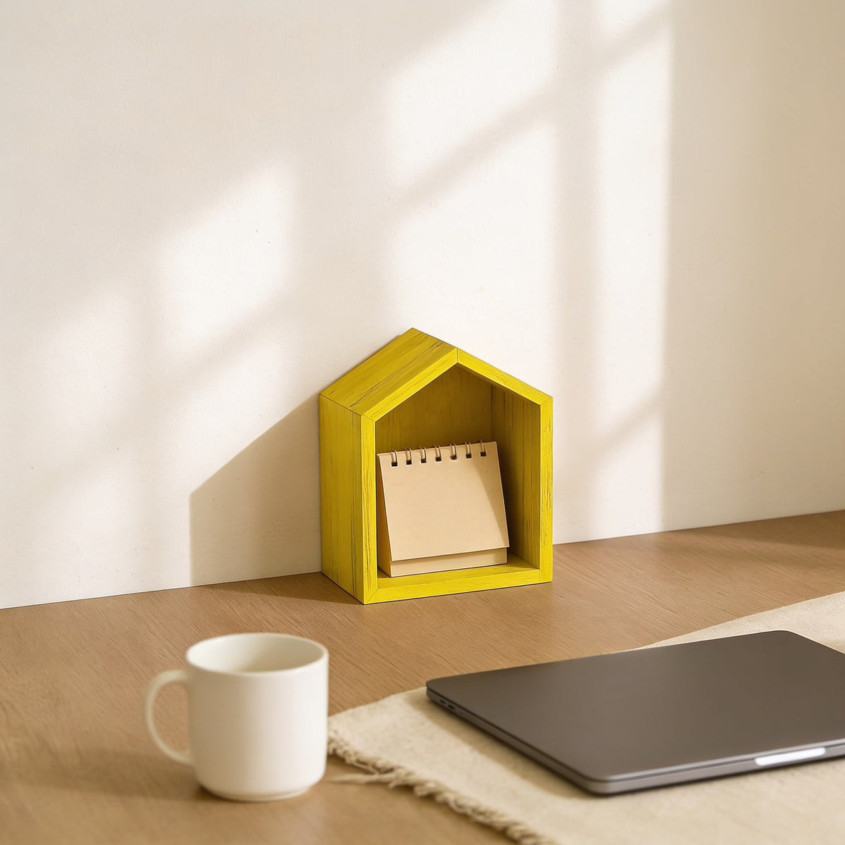 Small yellow house-shaped desk shelf on a home-office desk.
