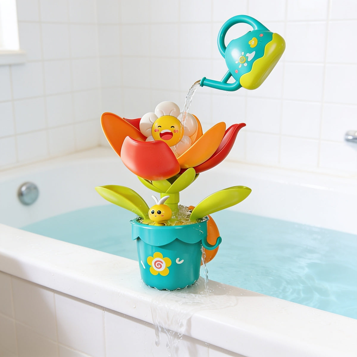 Flower bath toy with watering can pouring water on the tub ledge, 20 cm tall.