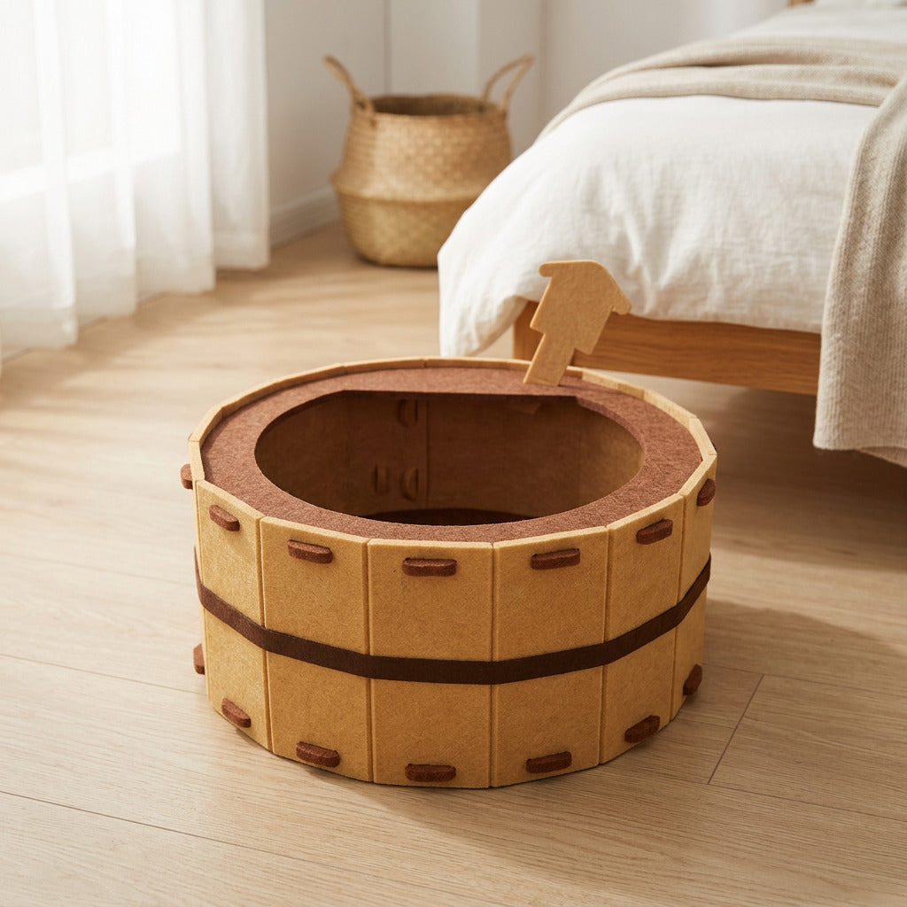 Felt tub-shaped cat bed standing empty in a quiet bedroom corner