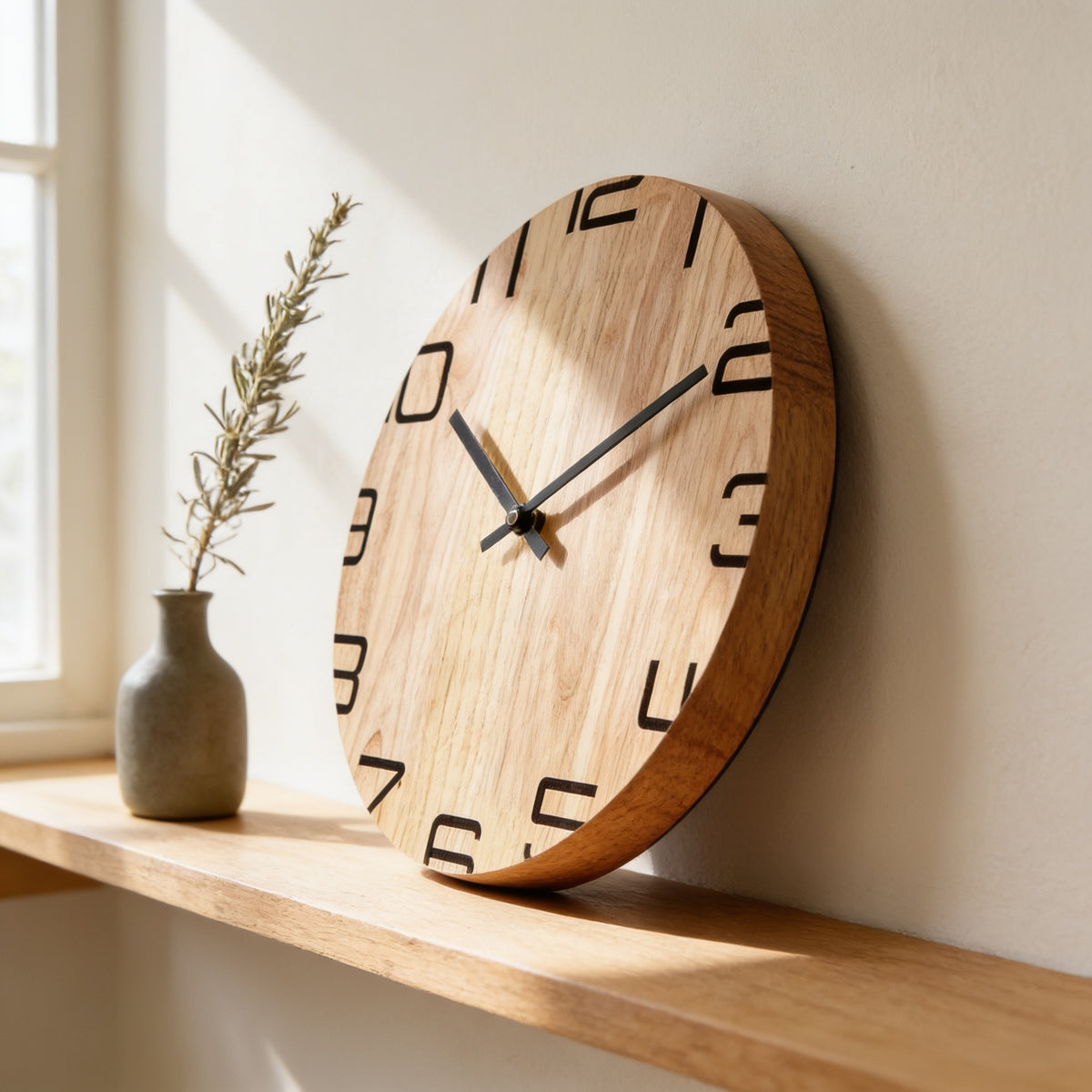 Natural wood wall clock leaning on an oak shelf showing its slim edge — Silent Natural Wood Wall Clock