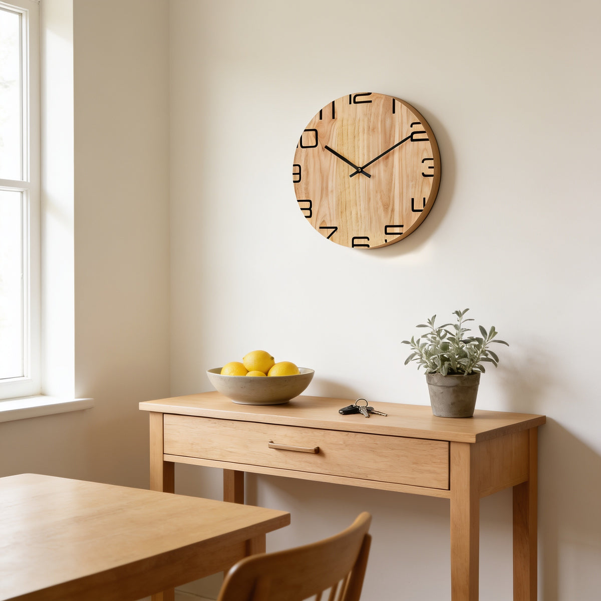 Natural wood wall clock above an oak console with a bowl of lemons — Silent Natural Wood Wall Clock