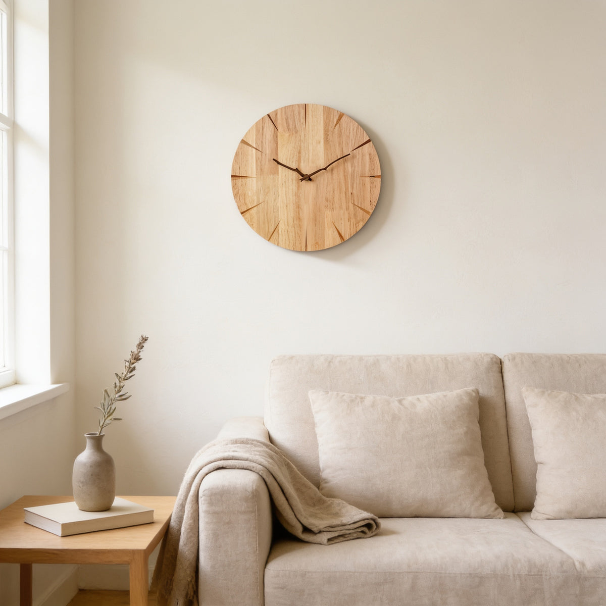 Round natural wood wall clock with line markers and wooden hands above a linen sofa — Silent Natural Wood Wall Clock