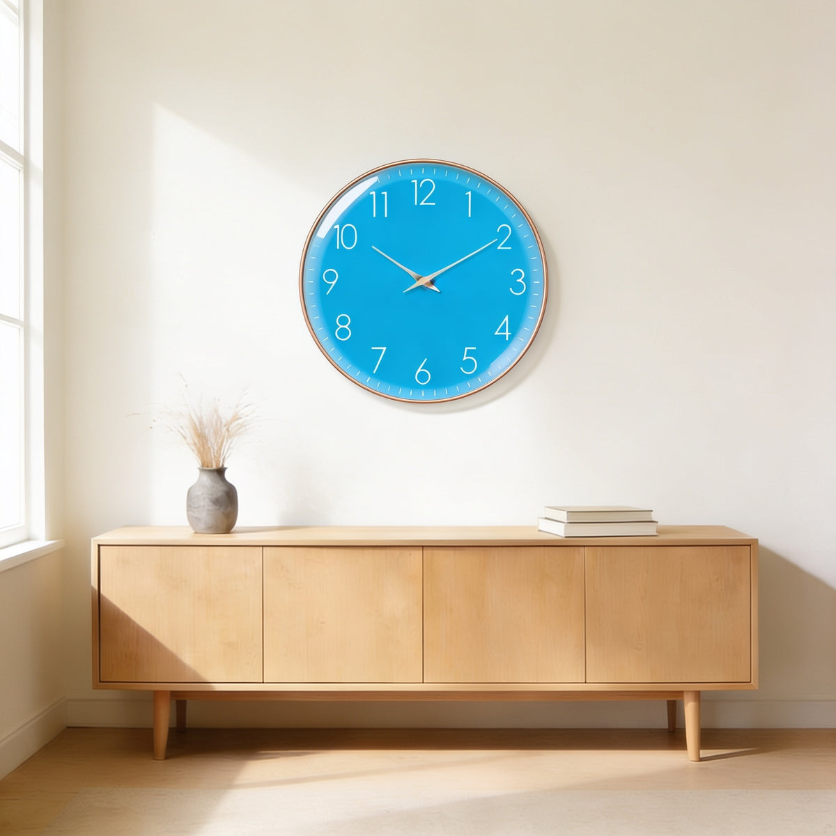 Azure blue wall clock with a slim gold frame above an oak sideboard