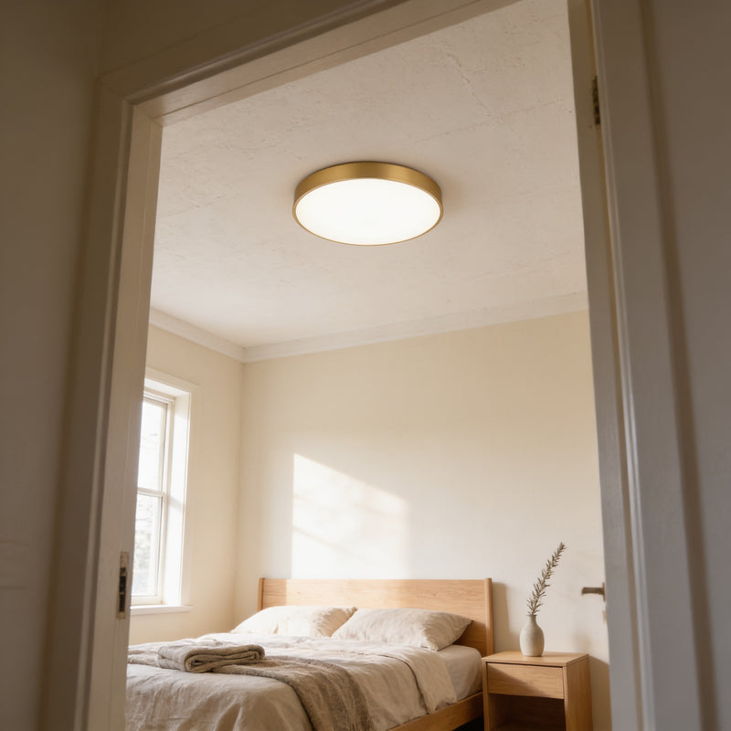 Slim gold rim LED flush mount ceiling light, 30 cm, warm white, on a bedroom ceiling — Slim Gold Rim LED Flush Mount Light