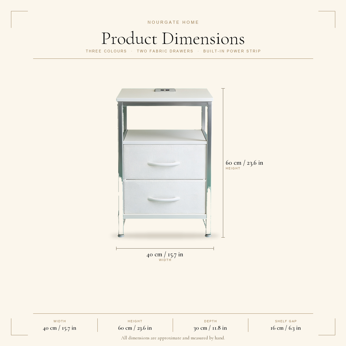Product dimensions — 2-Drawer Fabric Nightstand with Charging Station